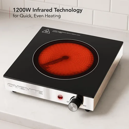 Miniatura 4 de OVENTE Quemador Individual de Cerámica Infrarroja, Placa Caliente Eléctrica de Encimera de 1200W con Vidrio Cristalino Negro, Superficie de Cocción
