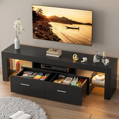 Miniatura 5 de HOUAGI Soporte de TV LED para televisores de hasta 65 pulgadas, moderno centro de entretenimiento con cajón de almacenamiento y estante de cristal