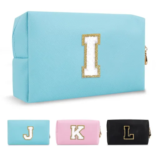 Miniatura 161 de Pequeña bolsa de maquillaje personalizada con inicial A-Z Preppy Patch, bolsa de cosméticos de viaje de felpilla blanca con cremallera, bonita bolsa