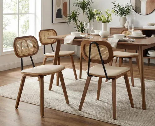 Ya-Home Juego de 4 sillas de comedor Mid-Century de piel sintética con respaldo de ratán, patas de madera, diseño sin brazos para comedor, sala de