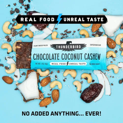 Miniatura 6 de Thunderbird Real Food Energy Bars, barra de chocolate y coco anacardo, 1.7 onzas, barras nutricionales de frutas y nueces, sin azúcar añadido, sin