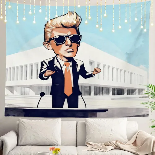 Shrahala American Election Man Wall Tapestry, The White House Trees Yellow Hair Wall Hanging Large Tapestry Decoration Polyester Fiber White Hem