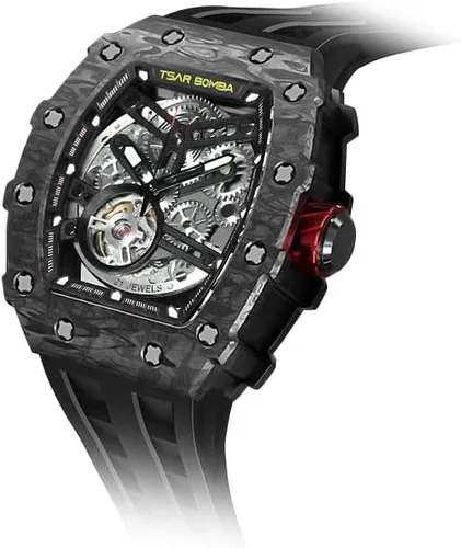 Miniatura 7 de TSAR BOMBA Reloj para hombre, reloj automático impermeable de 164.0 ft, esqueleto mecánico Tonneau con esfera de cara grande, reloj negro