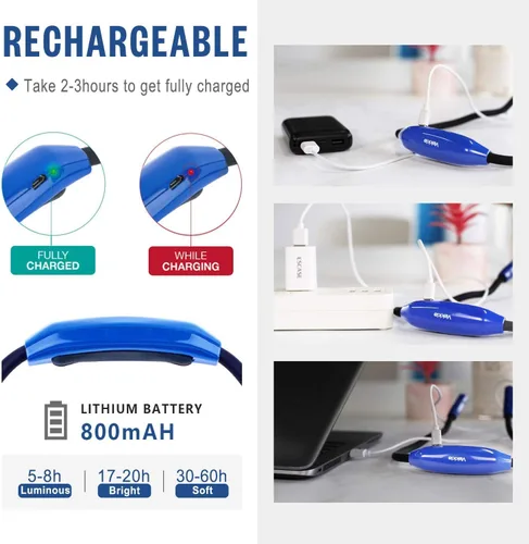 Miniatura 6 de Vekkia Luz ligera de lectura para el cuello, 3 colores, 9 brillos. Recargable, manos libres, portátil. para lectura de cama, tejido, costura, Azul