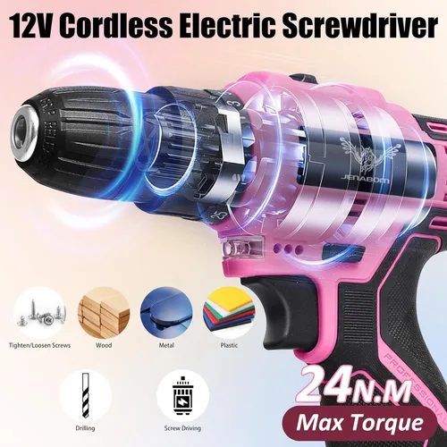 Miniatura 4 de JENABOM Juego de herramientas rosadas - Kit de taladro inalámbrico de 12 V, juego de herramientas para el hogar de 151 piezas con taladro eléctrico