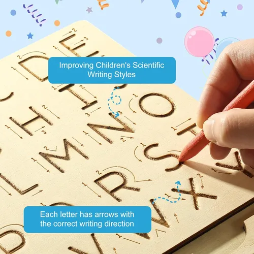 Miniatura 5 de Tabla de práctica de letras de madera, tabla de trazado reutilizable del alfabeto de escritura a mano de doble cara para niños pequeños y regalos