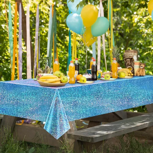 Miniatura 6 de Just Shimmer Mantel holográfico azul claro de 40" x 108" Decoración de fiesta rosa fuerte Día de San Valentín Fiesta de cumpleaños Decoración
