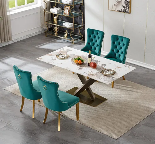 Miniatura 2 de Juego de mesa de comedor de mármol blanco para 4, 70 pulgadas, mesa de comedor de mármol blanco con 4 sillas de terciopelo verde y base de acero al