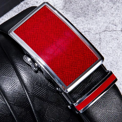 Miniatura 2 de YOHOWA Cinturón de hebilla de oro para hombre, cinturón de piel de vaca, hebilla de trinquete automática, sin agujeros, color negro para jeans, caja