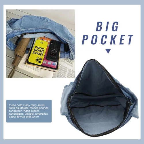 Miniatura 4 de Bolsas de mezclilla estilo hobo para mujer, estilo retro, para el hombro, estilo casual, para adolescentes, niñas