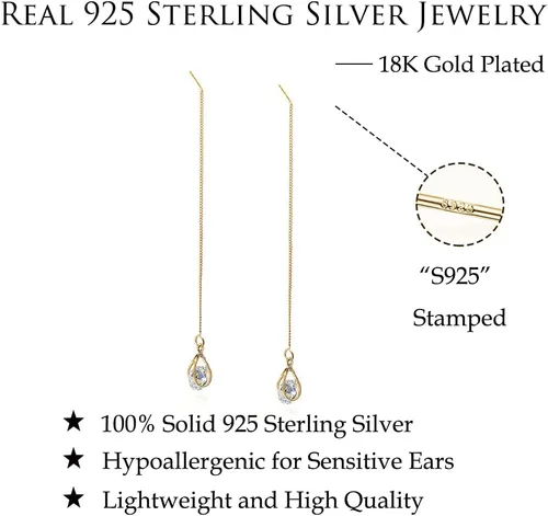 Miniatura 7 de Reffeer Solid 925 Sterling Silver CZ Droplet Chain Dangle Earrings for Women Girls Crystal Dangle Earrings Threader Tassel