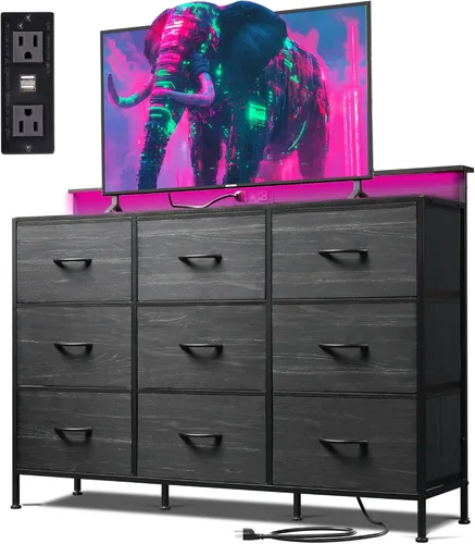 Miniatura 9 de Soporte de TV negro para TV de 45, 50, 55 pulgadas, mesa consola multimedia de TV con luces LED y estación de carga, centro de entretenimiento con 8