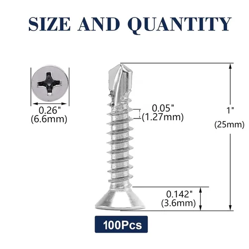 Miniatura 2 de #6 x 1 Tornillos para Chapa Metálica 100 Piezas 410 Acero Inoxidable Cabeza Plana Tornillos Autorroscantes Rápidos por SG TZH