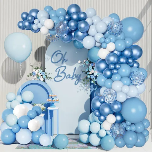 Kit de guirnalda de arco de globos azules, 155 globos de confeti azul pastel, globos metálicos de confeti de macarrón para bebé, cumpleaños, boda,