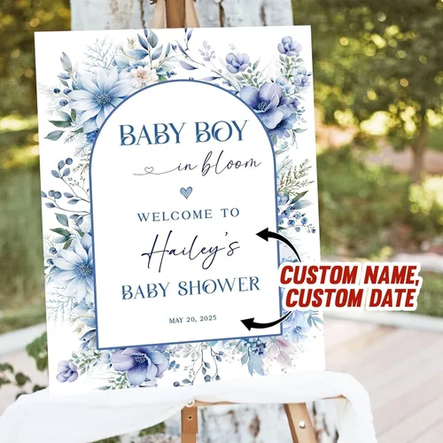 Miniatura 2 de Letrero de bienvenida personalizado para bebé, decoración de ducha de bebé en flor, tema floral azul, regalo para recién nacido de mamá y papá