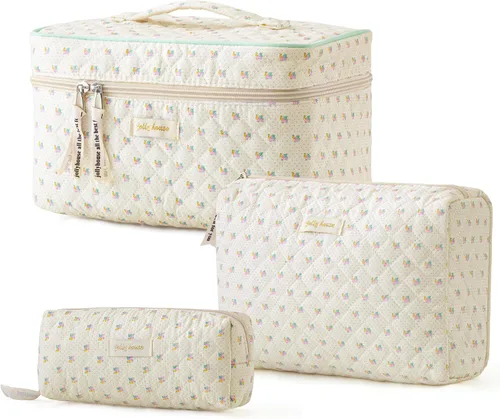 HBselect Bolsa de maquillaje acolchada, 3 piezas de algodón grande, bolsa de maquillaje de viaje, bonita bolsa de maquillaje floral de coqueta,