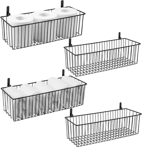 Cesta de alambre negro montada en la pared (paquete de 4) – Cesta de almacenamiento de papel higiénico de metal – Cestas de alambre rectangulares