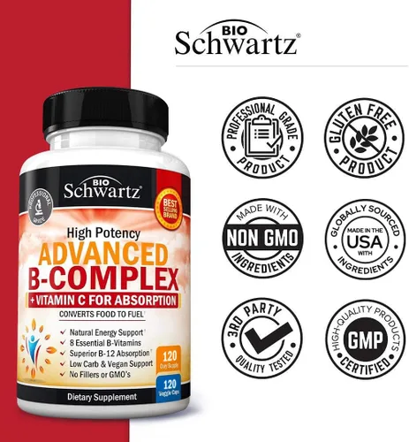 Miniatura 5 de Complejo de vitamina B con vitamina C para una máxima absorción, metilcobalamina b12 y suplemento de ácido fólico folato - B1 B2 B3 B5 B6 B7 B9