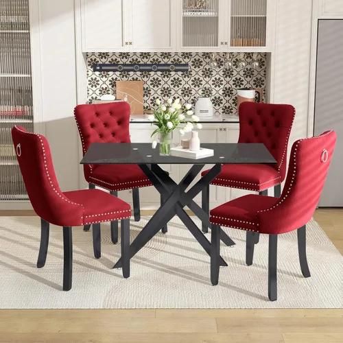 Miniatura 28 de Juego de mesa de comedor de 51 pulgadas de vidrio para 4, mesa de cocina rectangular de vidrio con 4 sillas tapizadas con acentos de terciopelo