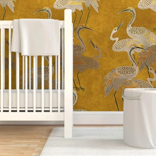 Miniatura 6 de Spoonflower Papel tapiz para despegar y pegar - Grúas Art Deco Golden Birds Gold Oriental Texture Silver Papel pintado extraíble personalizado