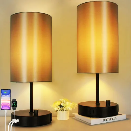 Miniatura 13 de HiBay Lámpara de mesita de noche regulable de 17.75 pulgadas con estación de carga, 2 puertos USB y salida de CA, luz rústica de grano de madera