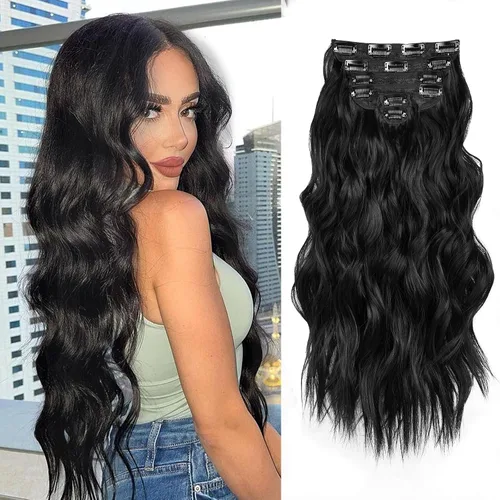 Miniatura 6 de NAYOO Extensiones de cabello con clip, de 20 pulgadas, largo, ondulado, rizado, rubio ceniza, extensiones de cabello sintético de cabeza completa