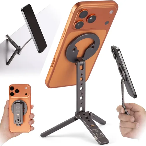 Trípode magnético ultracompacto para iPhone | Diseño de gancho plegable, 20 imanes N52, zapata fría y tornillo de 1/4 pulgadas, soporte para