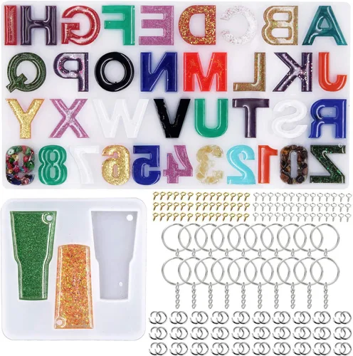 EuTengHao Juego de 272 moldes de resina de silicona con letras y números, moldes de epoxi, llaveros de resina para joyería con llavero, anillos de