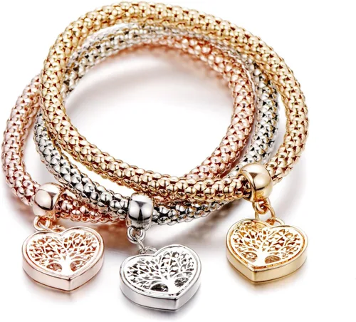 Miniatura 4 de Pulseras multicapa con dijes de cristal, 3 unidades, oro y plata, oro rosa, pulsera elástica en forma de corazón para mujer, árbol de la vida
