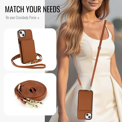 Miniatura 4 de Funda de teléfono para iPhone 13 Mini de 5.4 pulgadas con protector de pantalla, correa cruzada para muñeca, bloqueo RFID, tarjetero de crédito