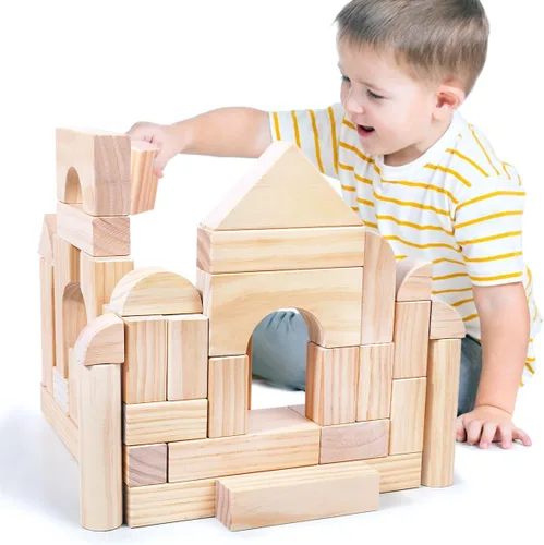 Miniatura 6 de Migargle Juego de bloques de madera grandes - Juguetes educativos de aprendizaje preescolar con caja de almacenamiento de madera, bloques para niños