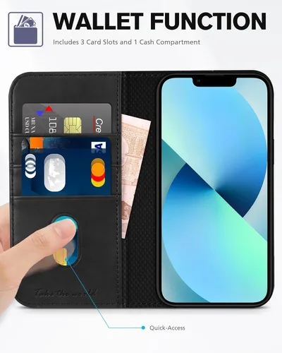 Miniatura 3 de TUCCH Funda tipo cartera para iPhone 13 5G, de piel sintética, con 3 ranuras para tarjetas, diseño de libro con soporte, funda interior de TPU a