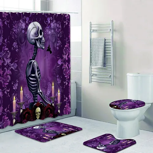 Miniatura 2 de Juego de cortina de ducha y alfombras de Halloween, 4 piezas de calavera de rosa roja con flores de beso de azúcar, decoración de baño de flores