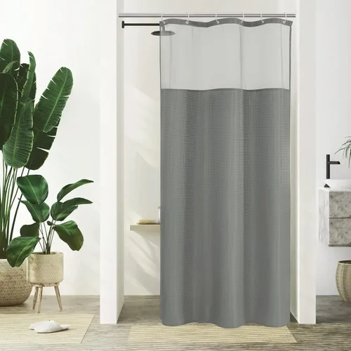 Miniatura 17 de Gibelle Juego de cortina de ducha de tejido gofre con ventana superior de malla y ganchos, cortina de ducha de tela estilo spa para baño, beige, 72
