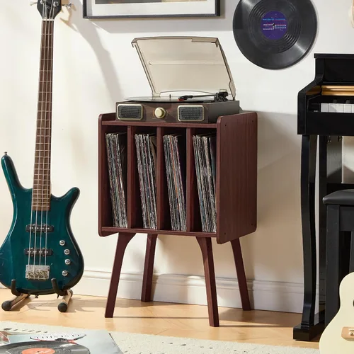 Miniatura 6 de LELELINKY Soporte para tocadiscos, mesa de almacenamiento de discos de vinilo de nogal con 4 gabinetes de hasta 100 álbumes, soporte para tocadiscos