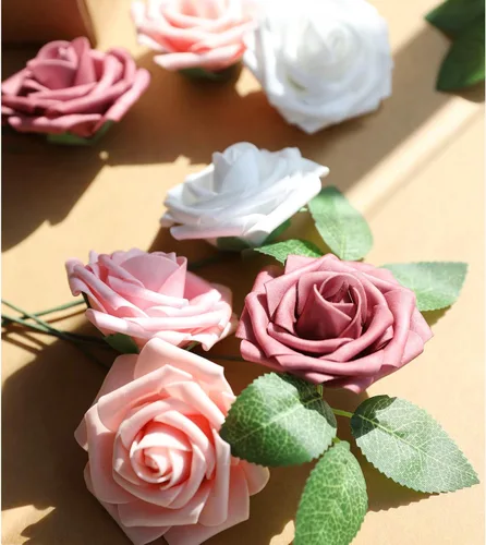Miniatura 3 de AmyHomie Flores artificiales rosas rojas, 25 rosas falsas de aspecto real con tallo para ramos de boda, centros de mesa, arreglos de fiesta, baby
