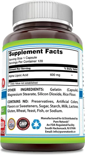 Miniatura 2 de Pure Naturals Suplemento de ácido alfa lipoico de 600 mg, 120 cápsulas Sin OMG Sin gluten Fabricado en Estados Unidos