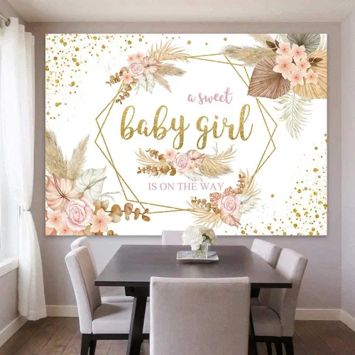 Miniatura 3 de Sensfun Telón de fondo bohemio para baby shower con texto en inglés "It's A Girl", fondo de fotografía de baby shower, rosa rubor, floral, hierba