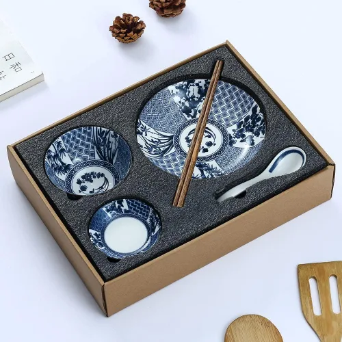 Juego de vajilla de porcelana azul y blanca Gegong, platos, tazón, cuchara, palillos, servicio para 1, juego de cerámica con glaseado colorido,
