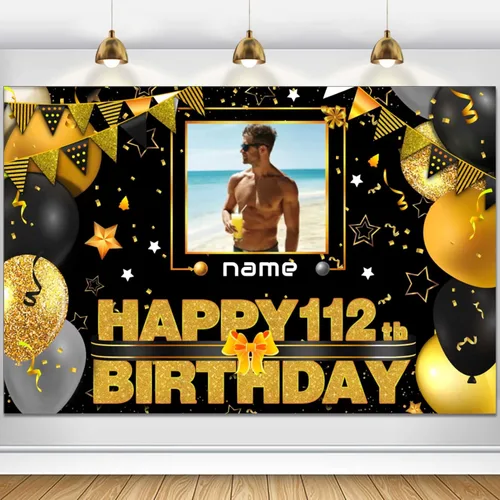 Miniatura 99 de Cartel decorativo personalizado de feliz cumpleaños número 100 - Personalización disponible - Negro y dorado - Tamaño grande - Admite fotos