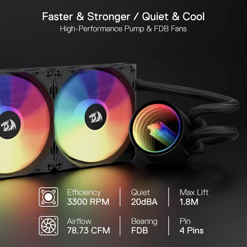 Miniatura 2 de Redragon HL240 ARGB Sistema de refrigeración líquida, enfriador de agua de CPU con radiador de alta eficiencia de 3300 RPM, 20 dBA silencioso