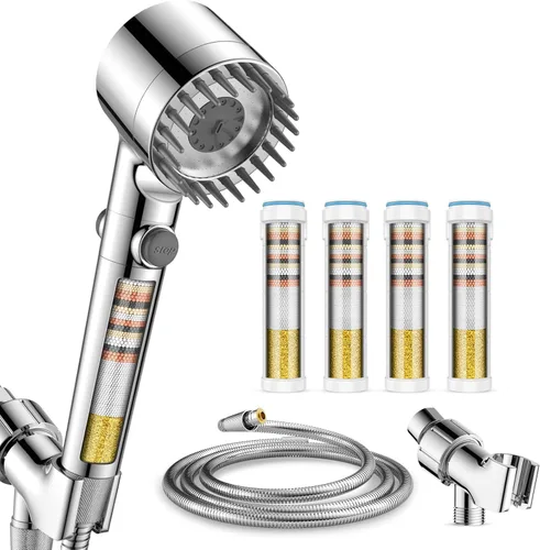 Filtered Shower Head with Handheld with 4PCS Filters, High Pressure 4 Spray Modes Shower heads with Filter, IronDrops Water Softener Filter for Hard
