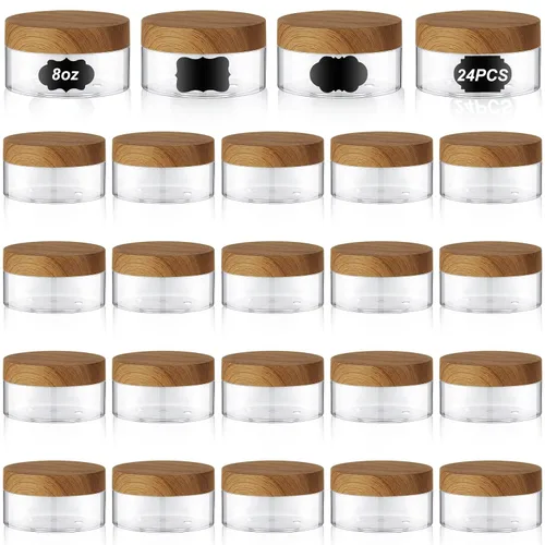 Miniatura 14 de Dandat 24 piezas 8 oz botes de plástico con tapa y etiqueta. Recipientes de muestra de cosméticos redondos ámbar PET recargables y vacíos para Ámbar