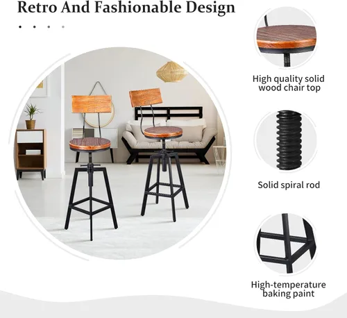 Miniatura 3 de Taburetes de bar industriales con respaldo de madera de 25 a 32 pulgadas de altura ajustable para isla de cocina, silla de comedor, taburete extra