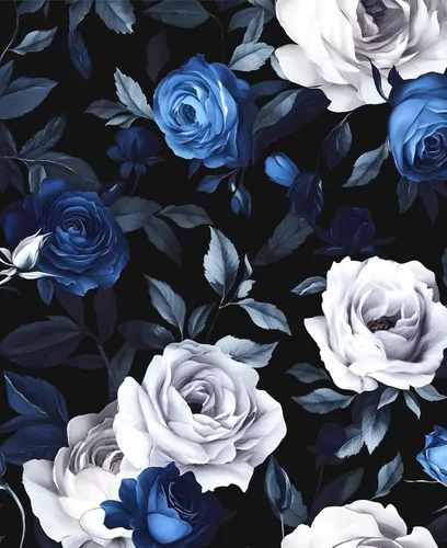 Papel tapiz de color negro con diseño de flores vintage para despegar y pegar, papel de contacto con rosas blancas y azul oscuro, autoadhesivo,