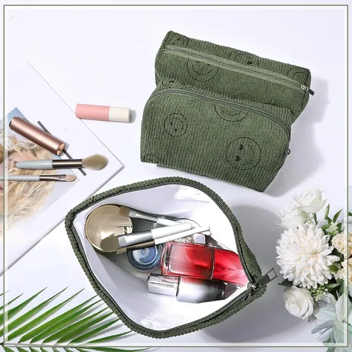Miniatura 5 de Huhumy Juego de 3 bolsas de maquillaje para mujeres, bolsa cosmética de pana con sonrisa estética, bolsa de viaje para artículos de tocador, linda