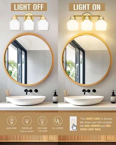 Miniatura 3 de Lámpara de tocador dorada Emak con pantalla de vidrio lechoso, accesorios modernos de iluminación de baño sobre espejo, 3 luces de tocador de baño