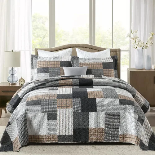 Y-PLWOMEN - Juego de cama tamaño king de 3 piezas con edredón de algodón, colcha ligera a cuadros estilo granja, tamaño king, acogedora, reversible,