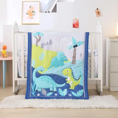 Miniatura 15 de Juego de cama de cuna de dinosaurio mini para niños azul de 3 piezas Premium, juego de sábanas para bebé, juego de cuna de dinosaurios