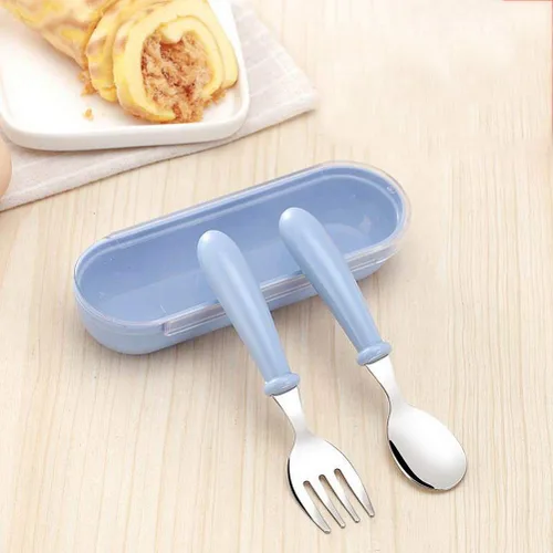 Miniatura 8 de 4 utensilios para niños pequeños, tenedores y cucharas para niños, utensilios de acero inoxidable para bebés, juego de cubiertos para bebé con caja